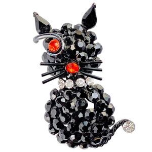 VTG 80s Brooch Halloween Black Cat Orange Eye Rhinestone Enamel Creepy Cute Pin